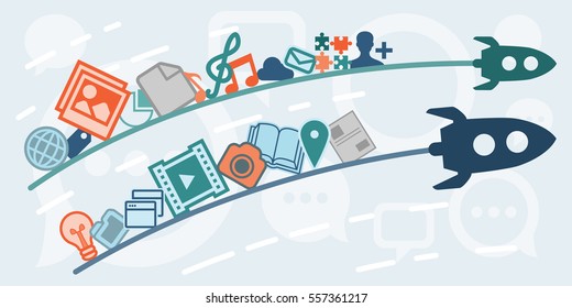 vector illustration of horizontal banner with rockets and content creations and delivery or for digital media concepts