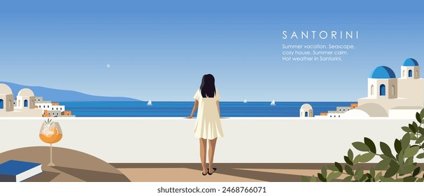 Vector illustration. Horizontal banner. Santorini, Greece. Girl on the balcony. Vacation, tourism, travel, tourist. Relax. Panorama. Modern design.