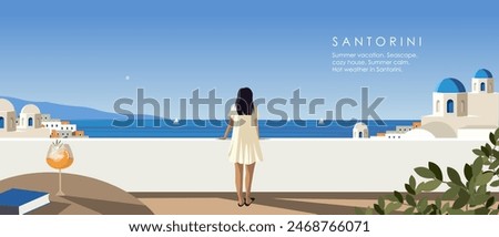 Vector illustration. Horizontal banner. Santorini, Greece. Girl on the balcony. Vacation, tourism, travel, tourist. Relax. Panorama. Modern design.