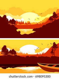 Vector illustration of a horizontal banner silhouette of a nature dawn in a mountainous area of a river landscape