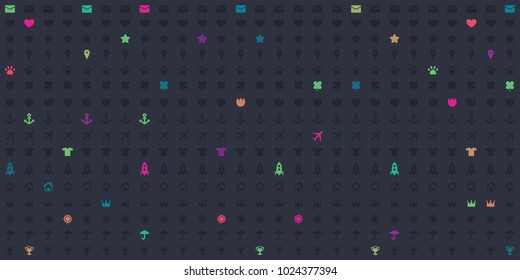 vector illustration of horizontal banner with small colorful random icons for games or digital media gradient background