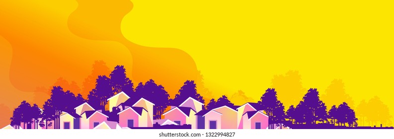 vector illustration horizontal banner, small town, village with gardens in yellow and purple colors