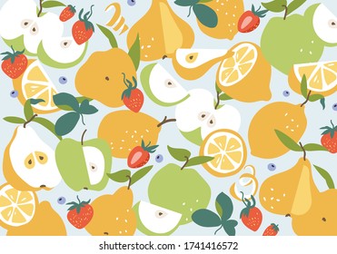 Vector illustration horizontal banner with summer fruits - citrus, pear and strawberry. Fruits pattern