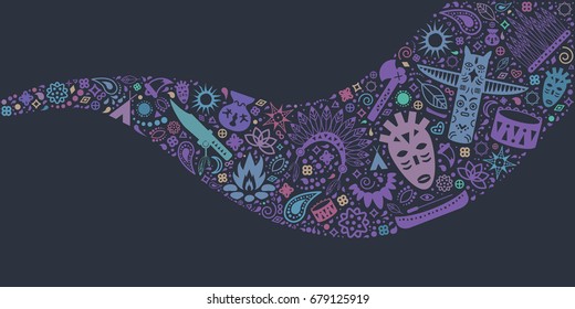 vector illustration of horizontal banner with tribal symbols in wave shape with decorative elements for bohemian concepts and designs 