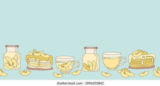 Vector illustration of a horizontal banner for websites and a landing page with homemade cakes and desserts. Apple pie, jam, marmalade in a jar, tea.