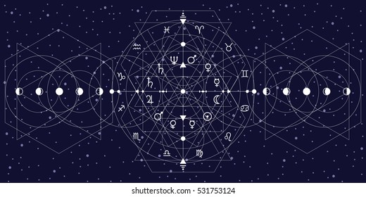 vector illustration of horizontal banner with white abstract sacred geometry background with triangles geometrical shapes on dark background with moon phases