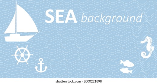 Vector illustration of horizontal banner with yacht,fishes,seahorse and space for text.Sea background.Isolated elements