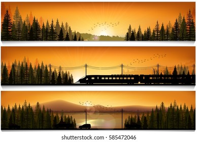 Vector illustration of Horizontal banners with the high speed train and cars on landscape forest background