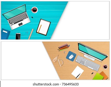 Vector illustration of Horizontal banners of top view workplace office with a laptop and office equipment