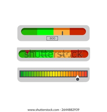 Vector illustration of horizontal bar indicators and credit score gauges, showing good, normal, bad, and poor levels. Perfect for financial, data, and rating concepts.