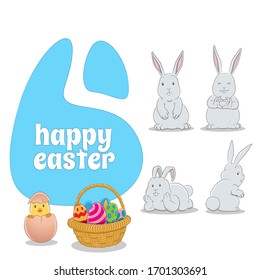 Vector Illustration of Horizontal Blue Happy Easter Background with 4 Bunnies a Chick and Eggs Basket isolated on a white background