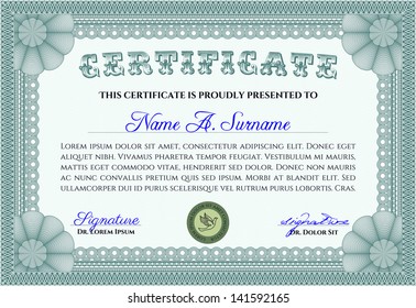Vector illustration or horizontal certificate, diploma or coupon template. Very complex border design. With background and sample text.