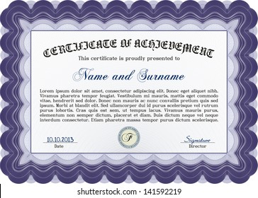 Vector illustration of horizontal certificate, diploma or coupon template. Very complex border design. With background and sample text.
