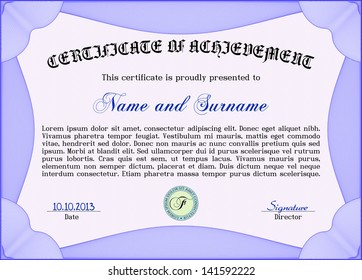 Vector illustration of horizontal certificate, diploma or coupon template. Very complex border design. With background and sample text.