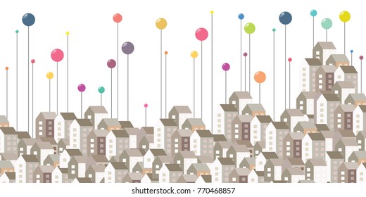 vector illustration for horizontal city buildings and colorful pins for urban information visualization concepts