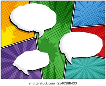 vector illustration of horizontal comic speech bubbles in white clouds on a vibrant pop art background Perfect for comic book designs, posters, graphic projects, featuring halftone and bubble shapes