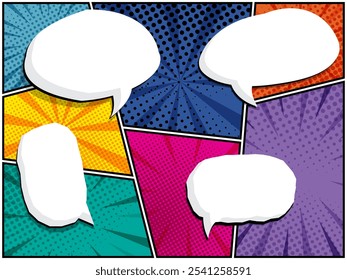 vector illustration of horizontal comic speech bubbles in white clouds on a vibrant pop art background Perfect for comic book designs, posters, graphic projects, featuring halftone patterns and bubble