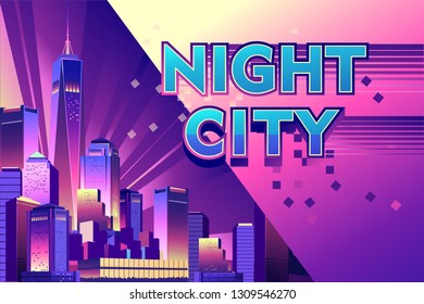 Vector illustration, Horizontal conceptual banner for a web site, Futuristic city on the bay, modern buildings with neon lights skyscrapers, Night