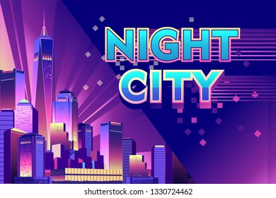 Vector illustration, Horizontal conceptual banner for a web site, Futuristic city on the bay, modern buildings with neon lights skyscrapers, Night