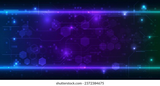 Vector illustration of horizontal cutting-edge technology space that has a futuristic identity and glowing light.Future tech design concepts.