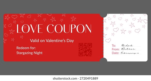 Vector illustration of a horizontal Valentine’s Day love coupon ticket with visible text, decorative hearts and stars, redeem section, QR code and handwritten fields