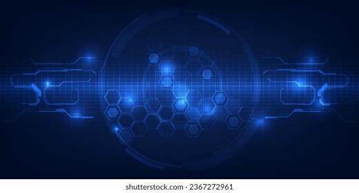 Ilustración vectorial del espacio digital horizontal de alta tecnología con círculo futurista, red hexagonal y circuito de línea de red.Conceptos de tecnología de comunicación digital futurista. 