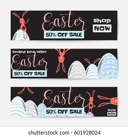 Vector illustration of horizontal easter sale banner set with cute easter rabbit, fun striped eggs and hunt ears. Spring holiday design template for web or print