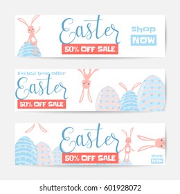 Vector illustration of horizontal easter sale banner set with cute easter rabbit, fun striped eggs and hunt ears. Spring holiday design template for web or print