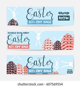Vector illustration of horizontal easter sale banner set with cute easter rabbit, fun striped eggs and hunt ears. Spring holiday design template for web or print