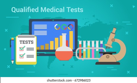 Vector illustration. Horizontal flat business web banner of qualified medical tests. List, computer, microscope, laboratory and blood samples