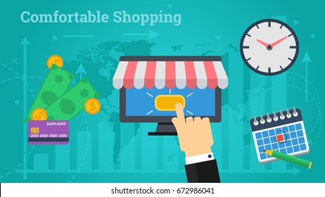 Vector illustration. Horizontal flat business web banner of online market. Internet shop, calendar, money and time