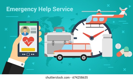 Vector illustration. Horizontal flat business web banner of emergency help service. Doctor on call, medical helicopter and car, medications and pills