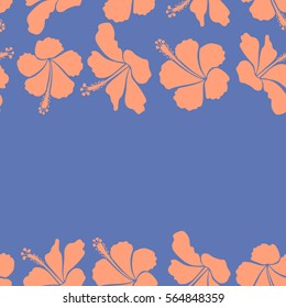 Vector illustration. Horizontal vector flower illustration. Floral pattern with copy space (place for your text) and orange and blue hibiscus flowers, watercolor. With floral motif.