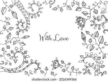 Vector illustration of a horizontal frame from tropical flowers, climbing plants for coloring. Stained glass style linear drawing botanical ornament for cute postcard