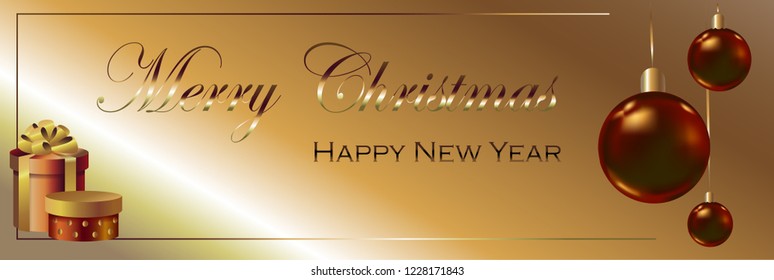 Vector illustration of horizontal golden christmas banner. Beautiful inscription.