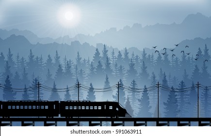Vector illustration of Horizontal the high speed train on landscape forest background