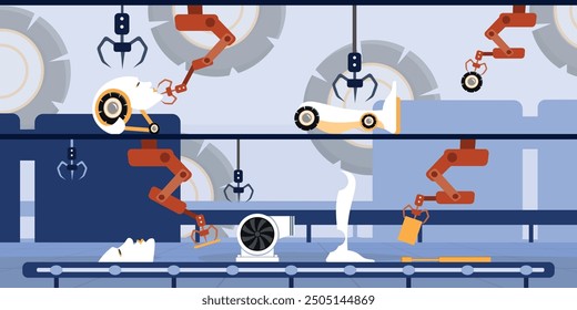 Vector illustration of horizontal industrial production with robots.Cartoon scenes with industrial robots,manipulators for automating production and moving objects in space.Modern technology.Robotics.