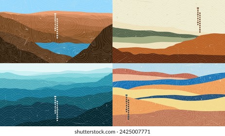 Vector illustration. Horizontal landscape. Japanese wave pattern. Mountain background. Asian style. Design for web banner, website template. Old paper with scratches. Vintage retro design