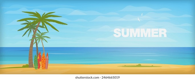 Vector illustration. Horizontal landscape. Sea panorama. Hot beach on the sea. Summer, water and palm trees. Wide screen, background for the project.