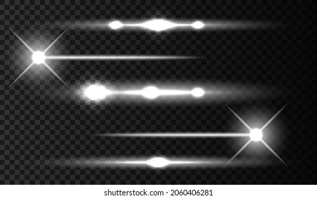 Vector illustration. Horizontal lens flare set. Laser beams, horizontal light beams. Beautiful flashes of light. Glowing stripes on a dark background. Glowing abstract sparkling background with lining