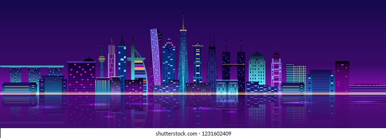 Vector illustration of horizontal night city landscape,high buildings downtown of famous skylines with neon lights,town development of business area,construction and architecture in flat style.