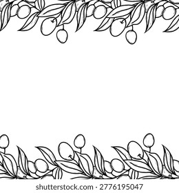 Vector illustration of horizontal olive branch borders. Black line art frame with leaves and fruit for stationery, book design, and organic label.