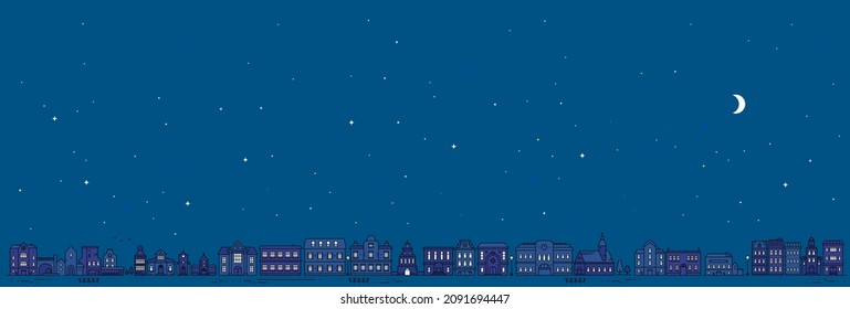 Vector illustration of horizontal panorama of european night city with star. Line art style design of night city street on blue color sky background with shine window and moon for web, site, banner