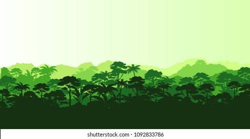 Vector illustration of horizontal panorama tropical rainforest in silhouette style with trees and mountains, jungle concept.