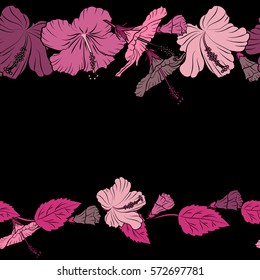 Vector illustration. Vector illustration of horizontal pink and purple hibiscus flowers. Seamless pattern with pink and purple flowers and copy space (place for your text).