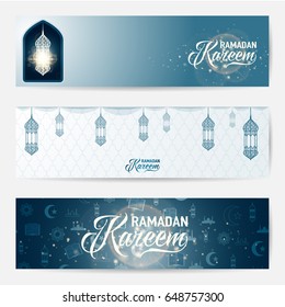 Vector illustration of horizontal ramadan kareem blue color greeting banner set template with lantern border, light effect, text sign, arabian pattern