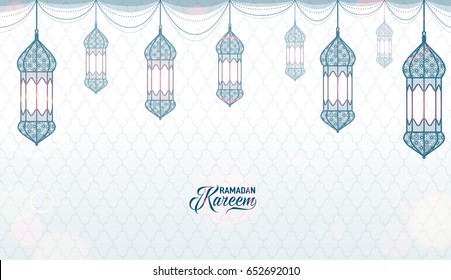 Vector illustration of horizontal ramadan kareem blue and white color greeting invitation template with arabian pattern lanterns, light effect, text sign on seamless background