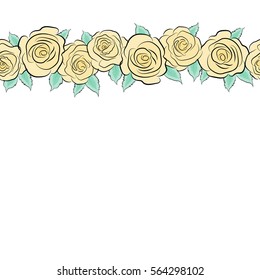 Vector illustration. Horizontal roses in green and yellow colors. Hand drawn elements. Seamless background pattern with copy space (place for your text).