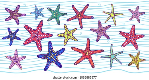 Vector illustration, horizontal seamless pattern with colorful decorative starfish.