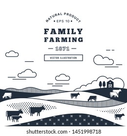 Vector illustration - horizontal seamless pattern family farm with a place for text and logo in black and white color. Text can also be removed.